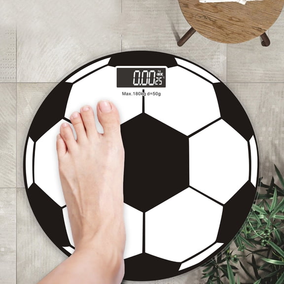 Soccer Pattern Digital Weighing Scale - Glass Platform, USB Charging, Temperature Function, Up To 397 lbs