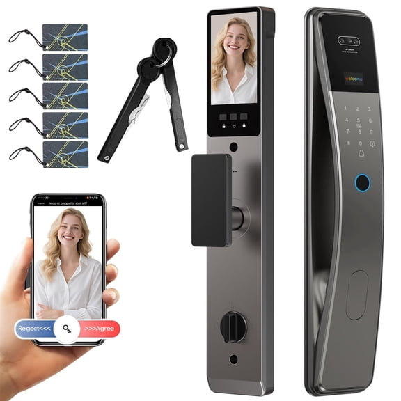 3D Face Recognition Smart Door Lock with Camera & Doorbell, Keyless Biometric Fingerprint, Face, Passcode, IC Card, Mechanical Key, Mortise Lock Body, AutoLock, Tuya App,Smart Home Door Security