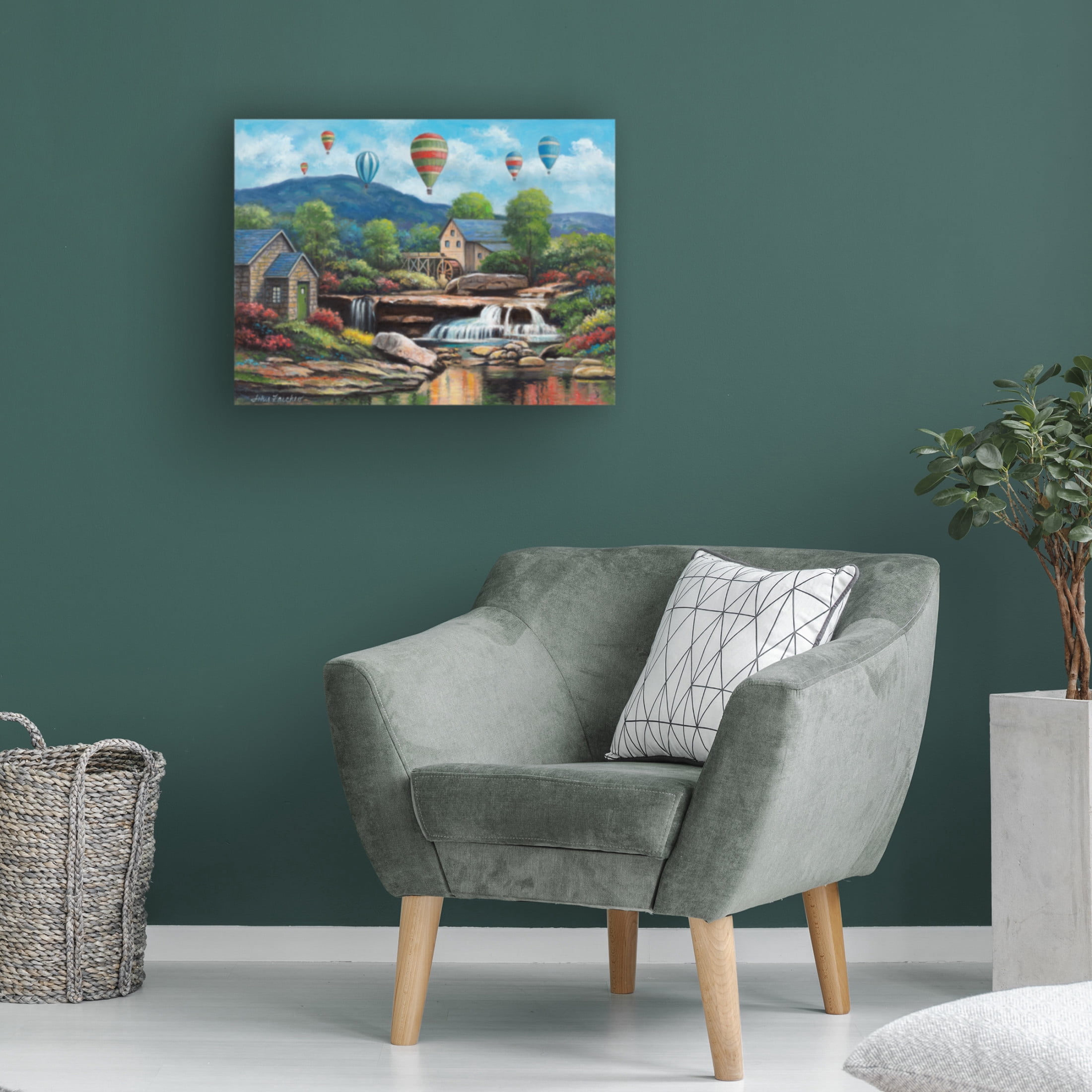 Canvas Wall Art - John Zaccheo 'Spring Balloons Over The Mill' Wall Art for Living Room, Bedroom, or Office Décor by Trademark Fine Art - 47 x 35 Inches