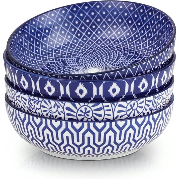 Ceramic 30 Ounce Pasta Bowls Set Of 4 8 Inch Serving Bowl Wide And Shallow Microwave Dishwasher Vintage Blue