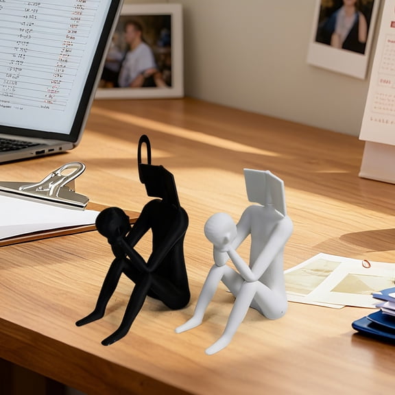 Reading Statue, Book Lover Sculpture, Abstract Figurine, Modern Home Decor, Resin Art Ornament for Bookshelf Desk Office Living Room Bedroom, Decorative Gift for Readers (White)