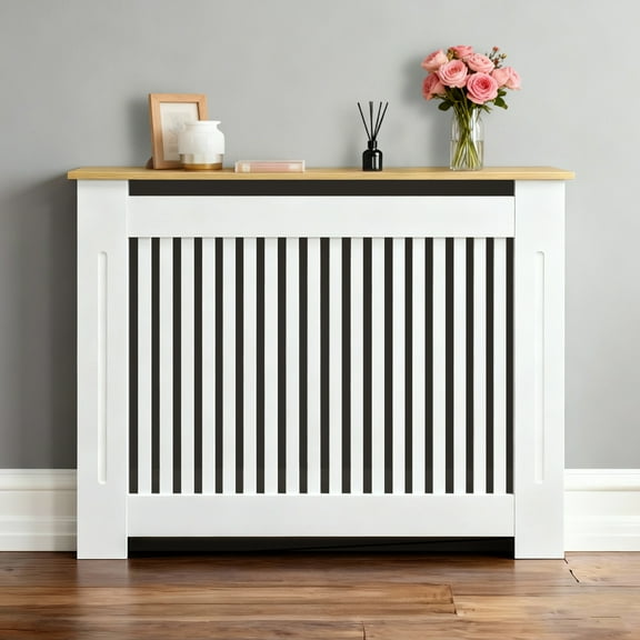 LUVODI Modern Slatted Vertical White Radiator Cover With Wood-grain Top Mdf Wood Grill Shelf
