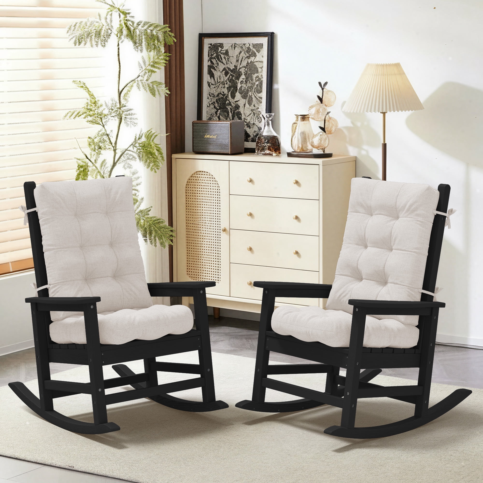FUNDAZE Outdoor Chair Cushion, 47"L x 19.9"W 2 Piece Cushion W/ Ties for Indoor Outdoor Rocking Chairs, Beige