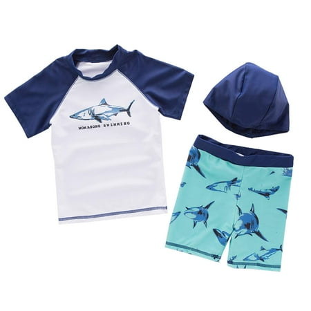 

StylesILove Kid Boys Chic Shark Printed Rash Guard with Swim Hat 3pcs Swimsuit Pool Party Swimwear Beach Bathing Suit (Shark/White 12-18 Months)