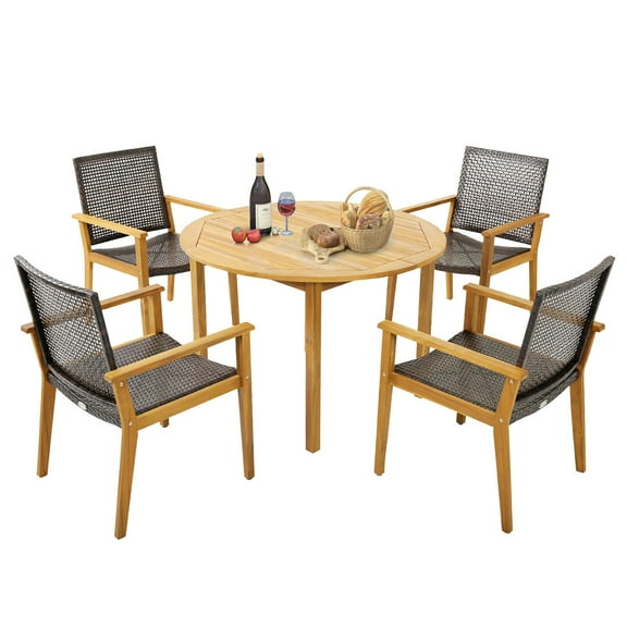Gymax 5 PCS Patio Dining Set Round Acacia Wood Table 4 Wicker Armchairs Outdoor Garden