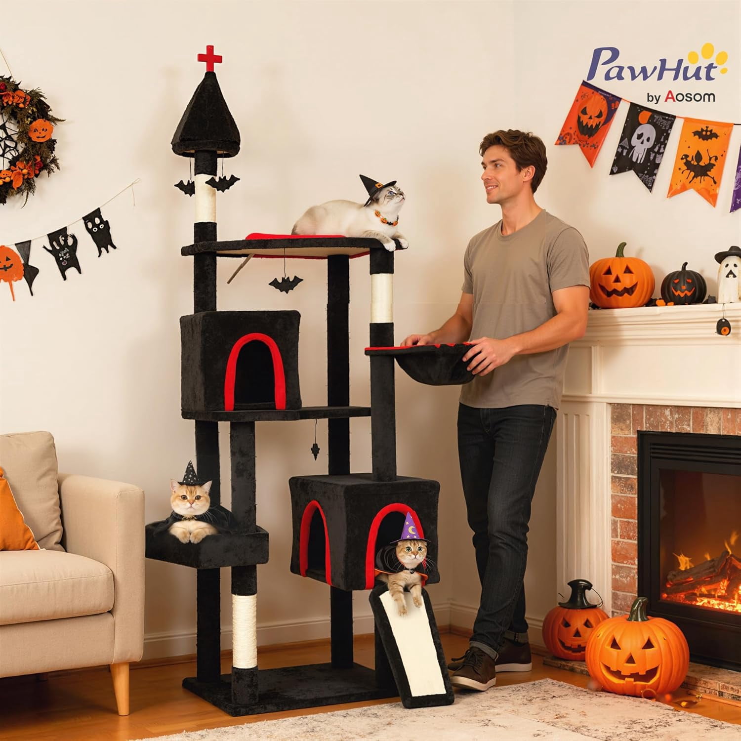LEHOME Gothic Cat Tree, 78" Extra Tall Cat Tower for Indoor Kittens with 2 Spacious Condos, Sisal Scratching Posts, 4 Bat Hanging Balls, Comfy Hammock, Ramp, Bed, Black and Red Halloween