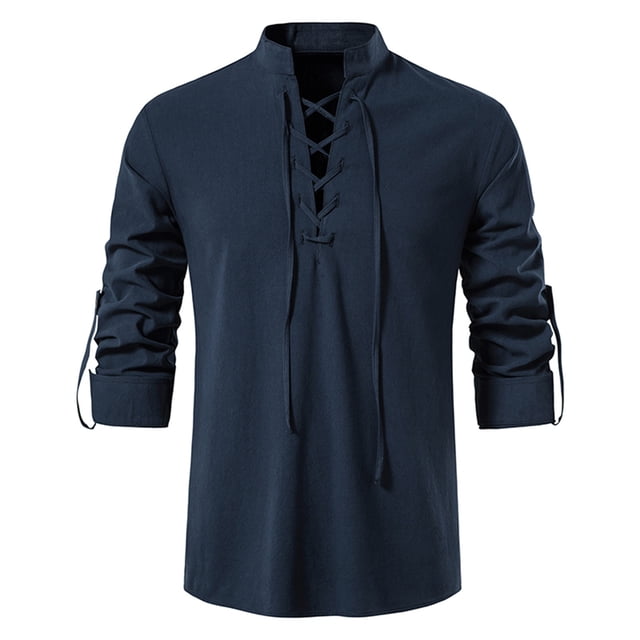 Camisa de lino y algodón para hombre de primavera y verano, camisa informal de manga larga con cuello levantado Pompotops oipoqjl47486