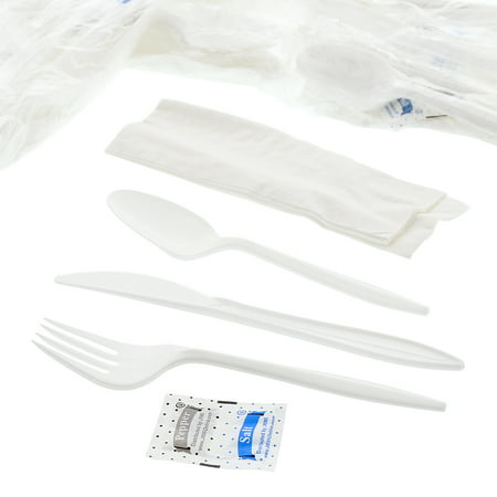 AmerCare Six Piece Meal Kit: 12 x 13 Napkin, Salt and Pepper Packets, White Medium Weight Fork, Knife, and Teaspoon, Case of 250
