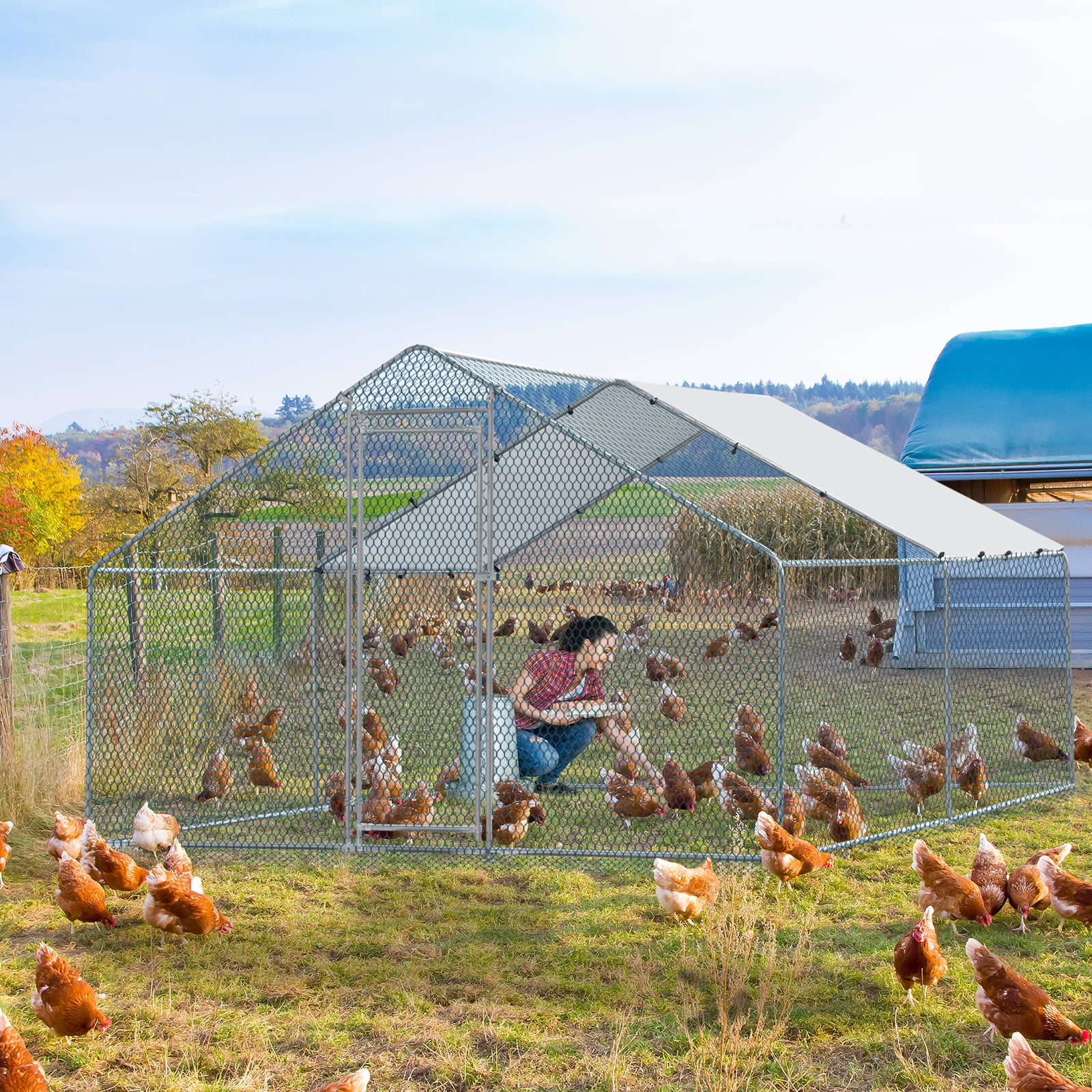 13 x 10 ft Large Metal Chicken Coop, Walk-in Poultry Cage Chicken Hen Run House with Waterproof Cover, Rabbits Cats Dogs Farm Pen for Outdoor Backyard Farm Garden