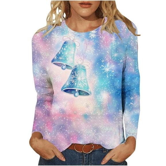 asdoklhq Christmas Long Sleeve Tops for Women's Casual Christmas Print Round Neck Long Sleeve T-Shirt Loose Top Multicolor 5X