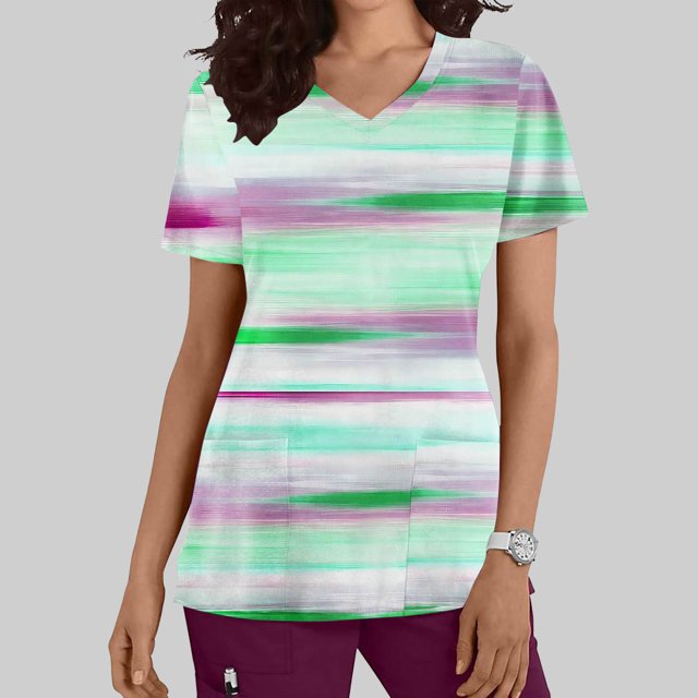 Lydiaunistar Hauts de Printemps pour Femmes Grande Taille Décontracté Col en V Manches Courtes Poche Blouse Imprimée Infirmière Polyester Léger Mode Tunique de Printemps pour Usage Quotidien à la Maison Vert