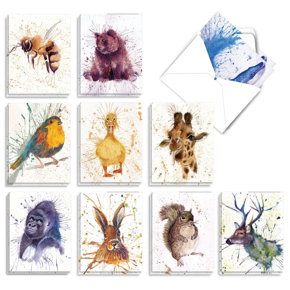The Best Card Company 20 Assorted Blank Notes Pack Set 4x5.12 w/ Envelopes, 10x2 Designs, For Men, Women, Wildlife Splash AM2954OCB-B2x10