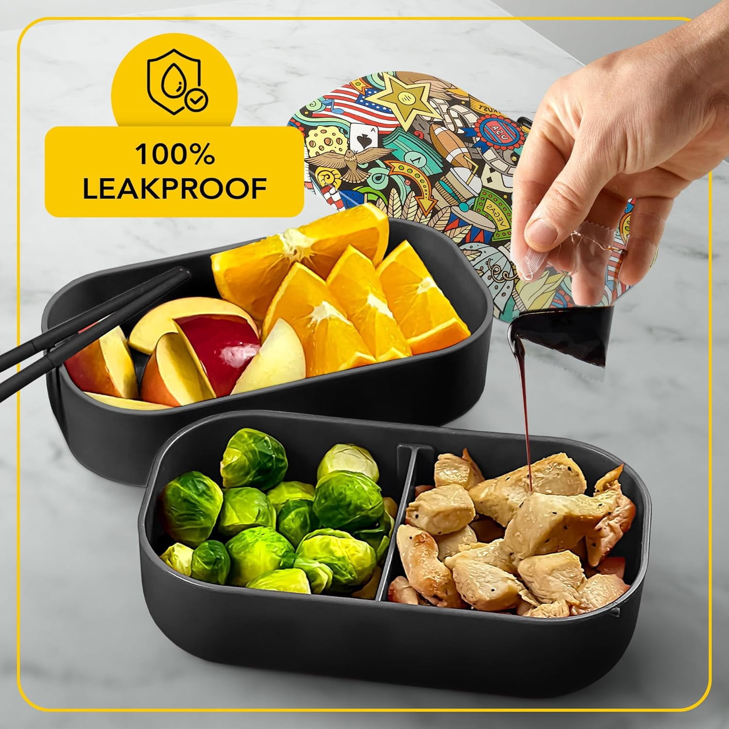 Insulated Stackable Bento Box for Adults - Leak-Proof, Microwavable Japanese Lunch Box with Reusable Chopsticks, Multi-Compartment Food Container for Men & Women (Black)