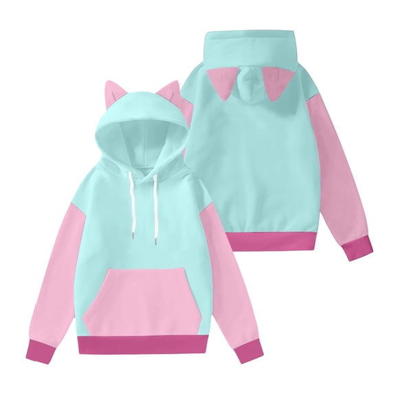 Women's Fashion Long Sleeve Color Blocked Printed Hooded Sweatshirt with Ears for Cute and Casual Everyday Wear,Cyan,L