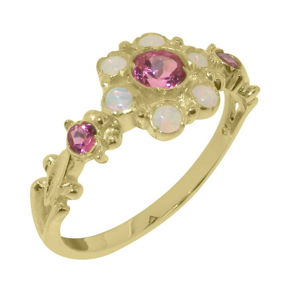 LBG British Made 10k Yellow Gold Natural Pink Tourmaline & Opal Womens Anniversary Ring - 33 size options - Size 10
