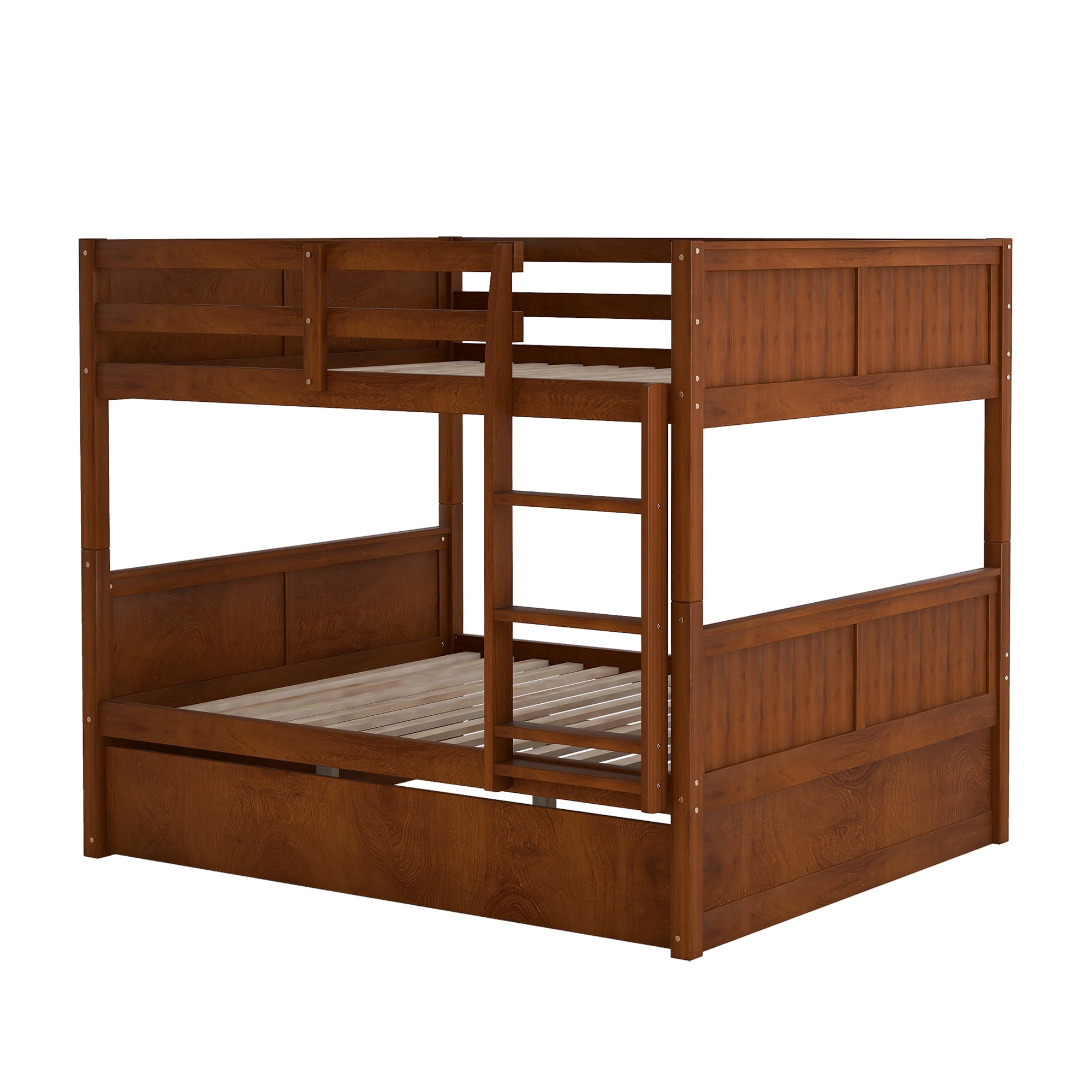 DEALTOPS Full Over Full Bunk Bed with Twin Size Trundle for Kids and Adults, Wood, Walnut