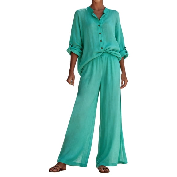 NMMUED Linen Pant Sets Women 2 Piece Outfits Linen Lounge Long Sleeve Button Down Shirt and Wide Leg Pants Set Cotton Linen Summer Casual Dressy Linen Sets Women's 2 Piece Casual Sets Green L