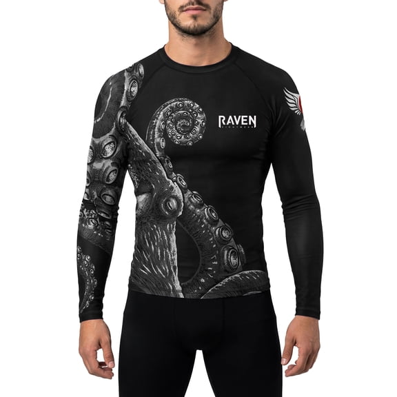 Raven Fightwear Men's Kraken Octopus IBJJF Approved Rash Guard Black 2X-Large