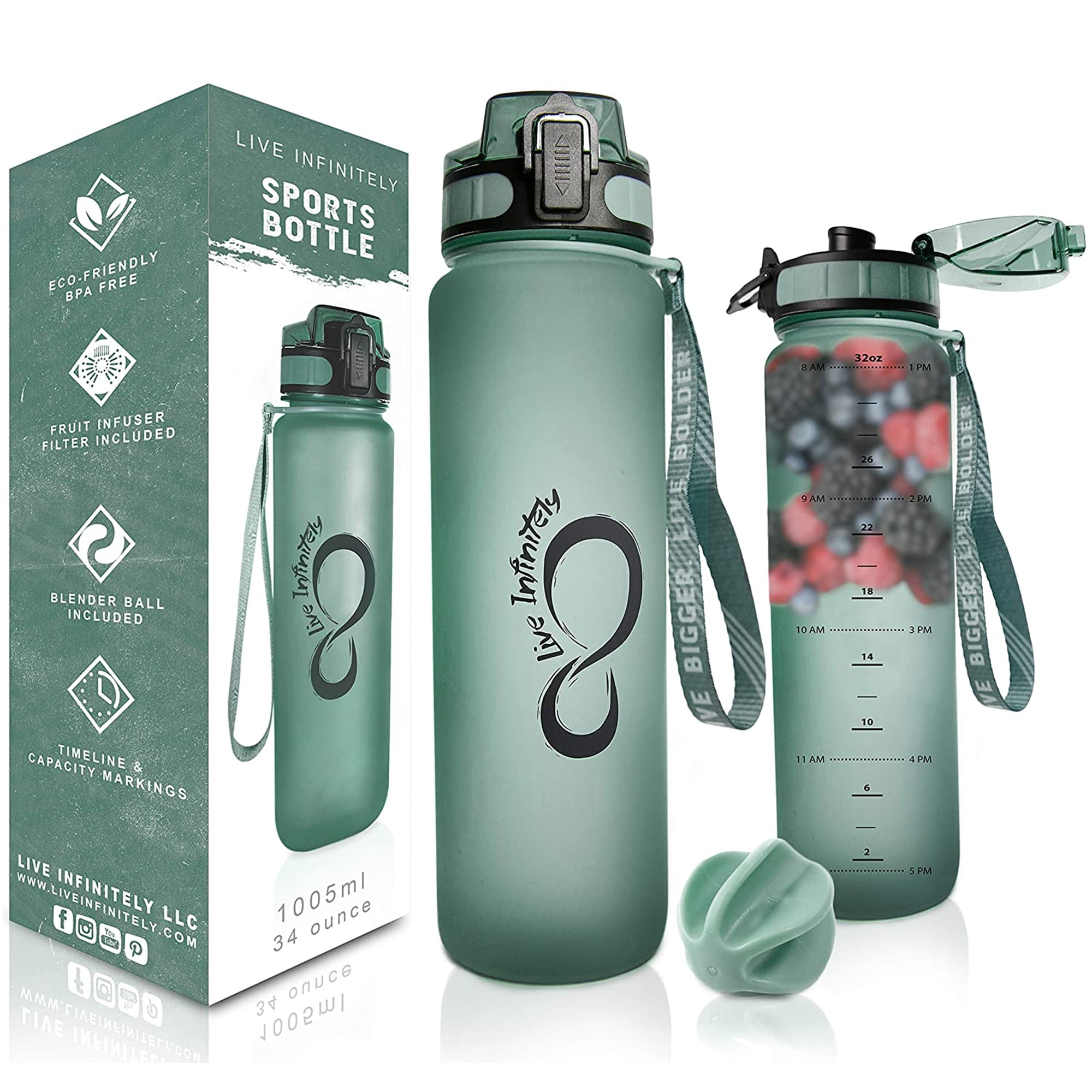 Live Infinitely Gym Water Bottle with Time Marker Fruit Infuser and ...