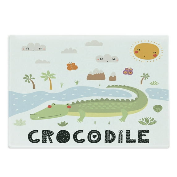 Crocodile Cutting Board, Calligraphic Design with Nature Lake Sun Trees and Clouds, Decorative Tempered Glass Cutting and Serving Board, in 3 Sizes, by Ambesonne