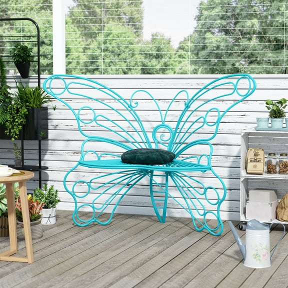 50 inch Cast Iron Metal Garden Outdoor Bench Butterfly Chair Garden Decor Blue