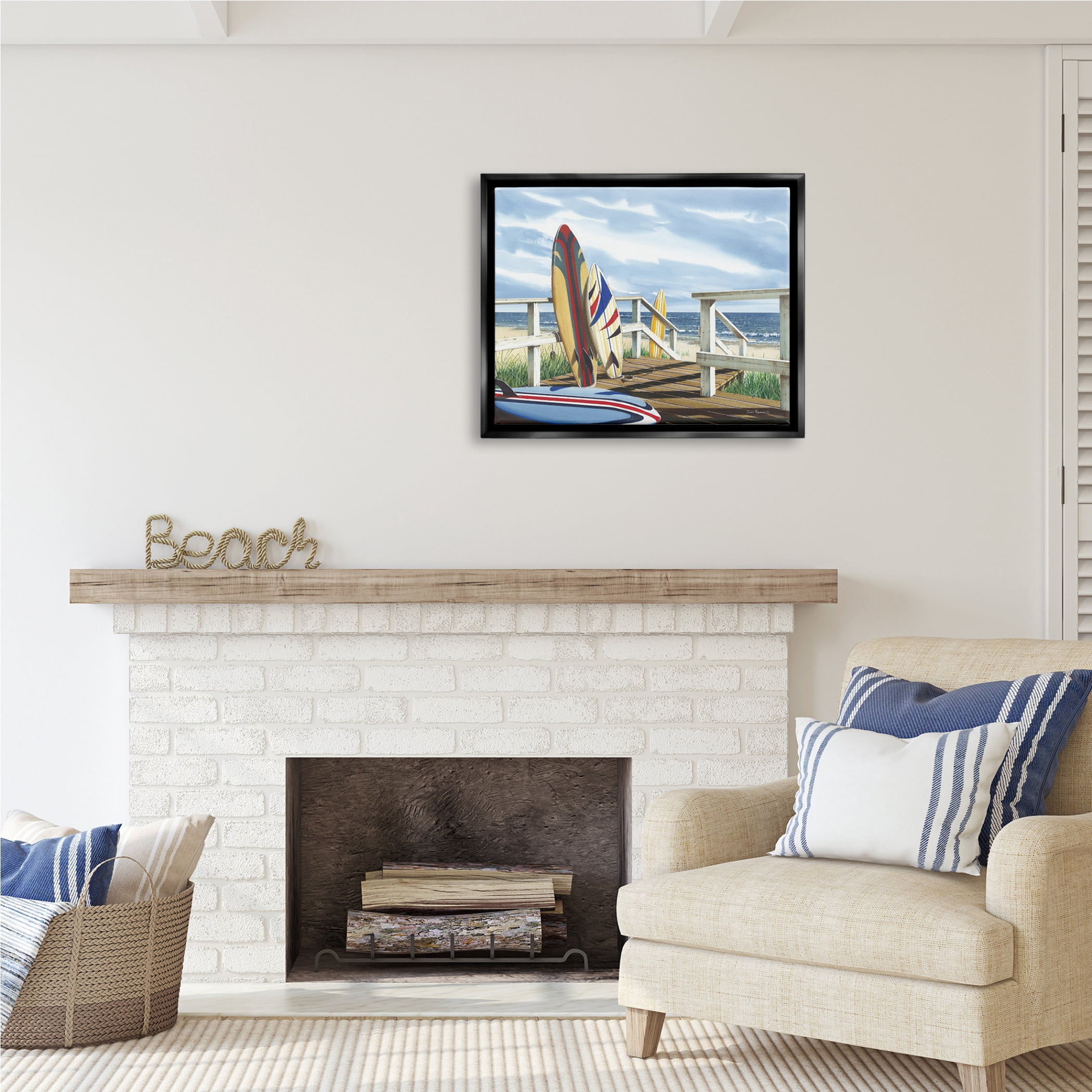 Stupell Industries Surfboards on Beach Deck Nature Painting Black Floater Framed Art Print Wall Art, 31 x 25