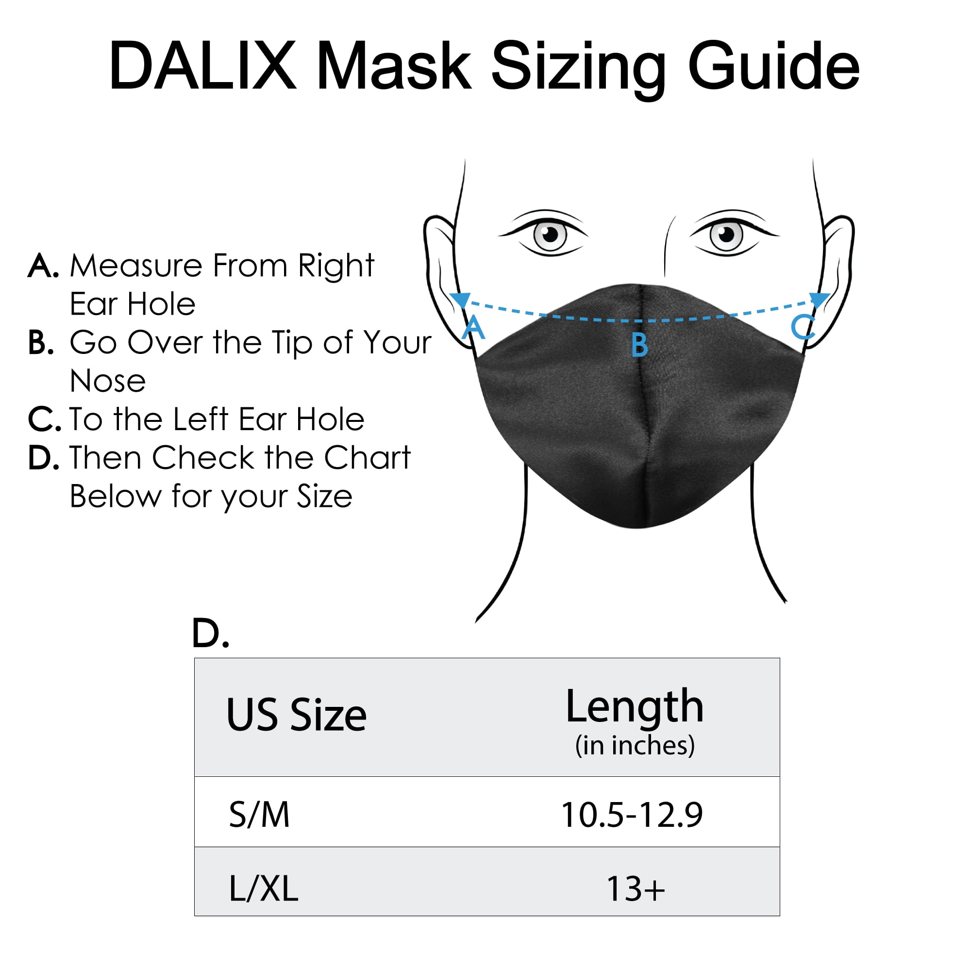 DALIX Exclusive Charmeuse Satin 3 Layer Face Mask in Black - S-M