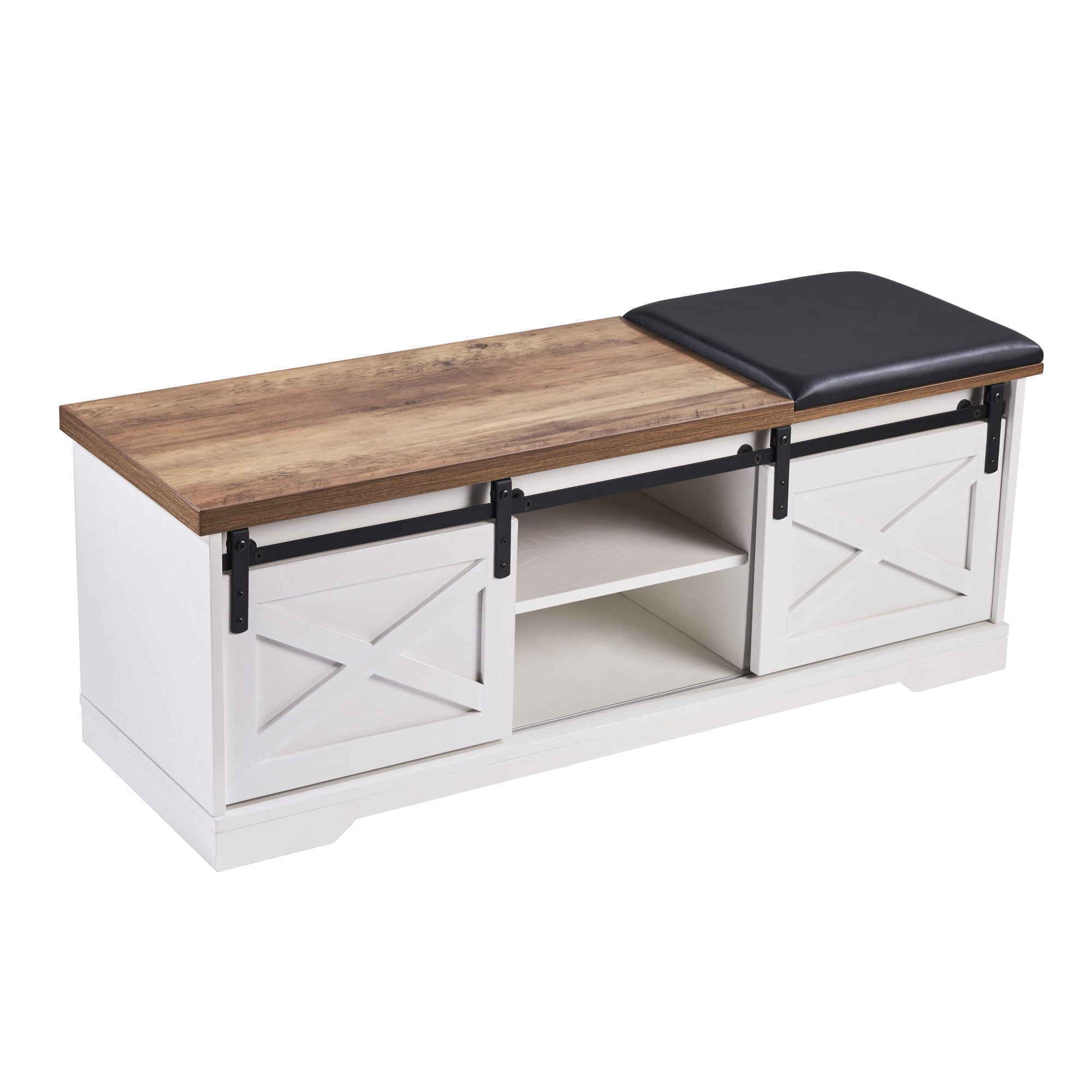Kadyn 47 Inch Modern Farmhouse Sliding X Barn Door Litterbox Bench with Entry Cutout, Brown+White Shoe Bench Kadyn 47 Inch Modern Farmhouse Sliding X Barn Door Litterbox Bench with Entry Cutout, Brown+White Shoe Bench