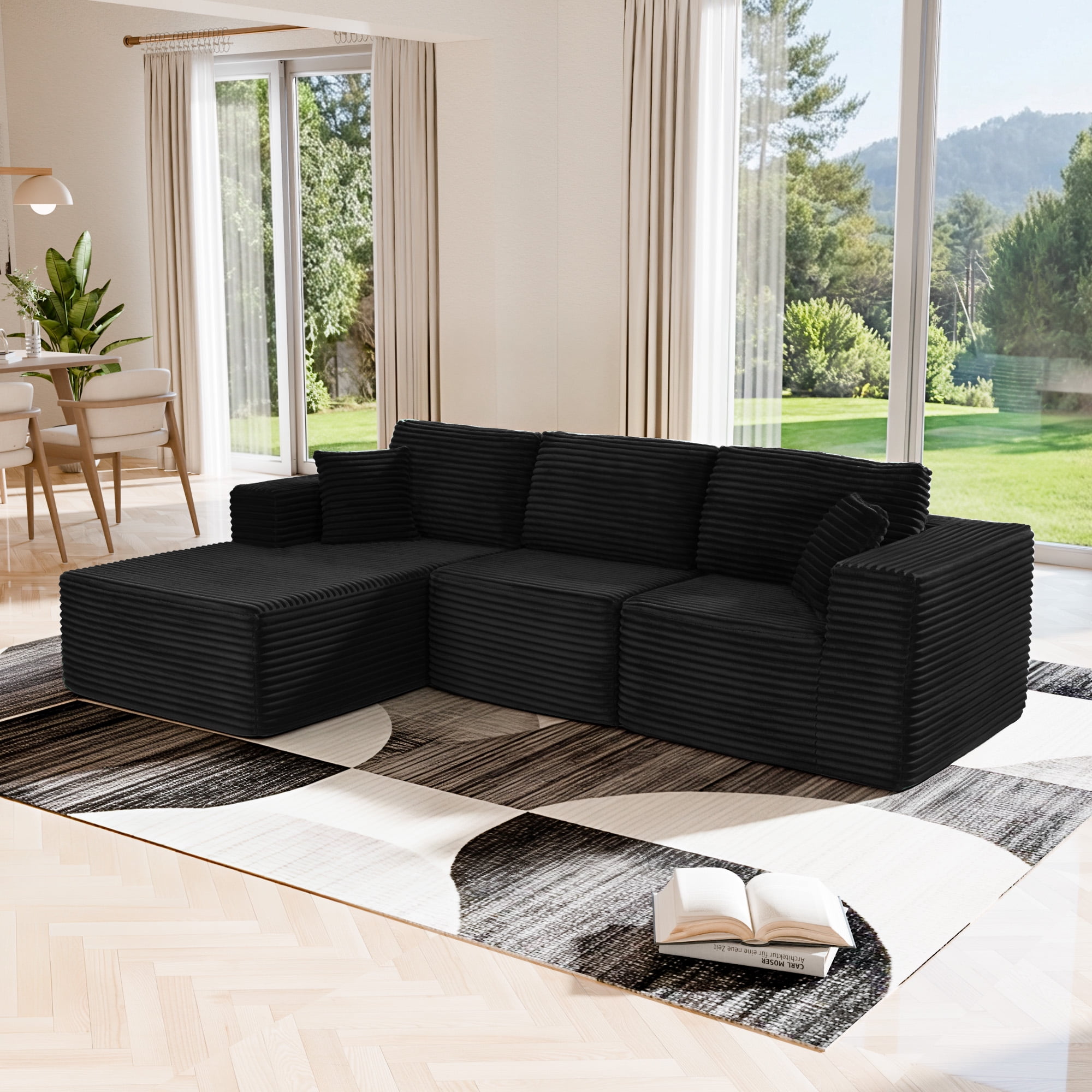 MAYEERTY Modern Corduroy Modular Sectional Sofa - Boneless Couch for Home, 104"W x 67"D Black