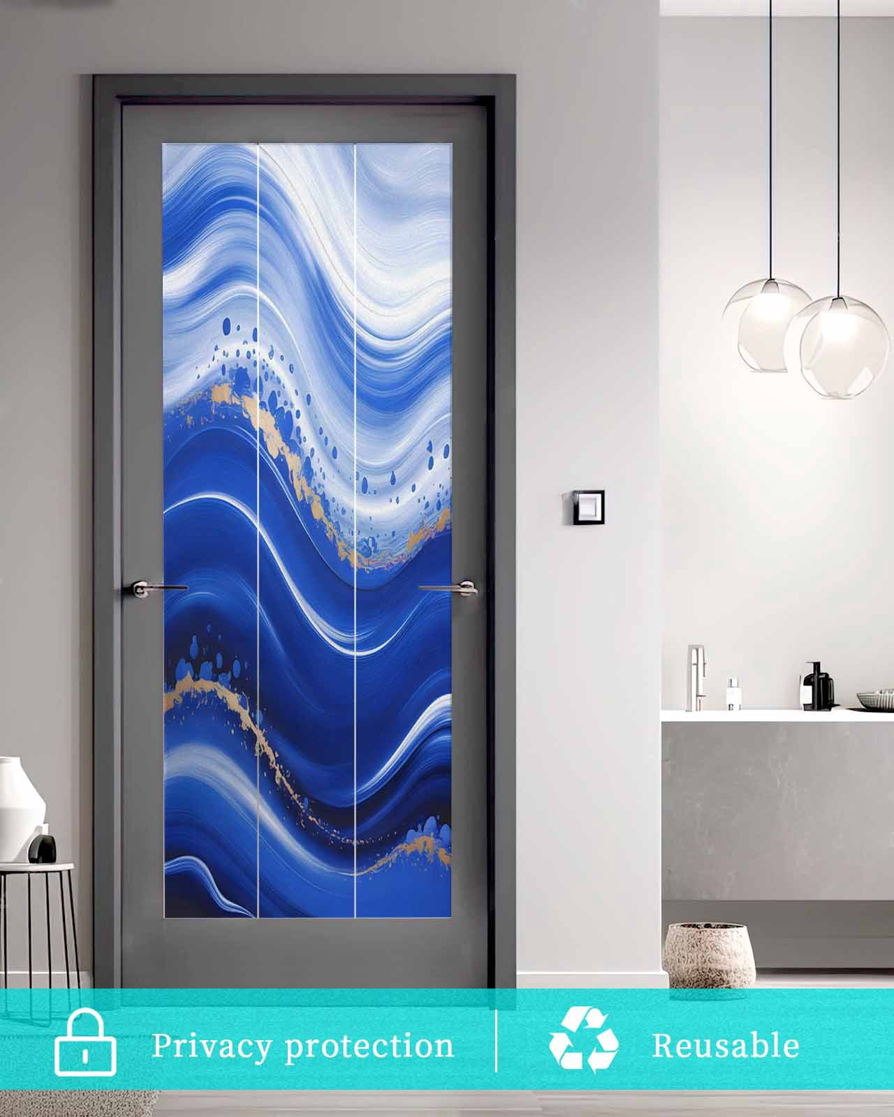 Window Privacy Film Blue Waves Abstract Stained Glass Window Film Decorative Sun Block Window Cover Ocean Fluid Gradient Luxury Window Clings Static Adhesive Sticker for Bathroom 23.6"x59"