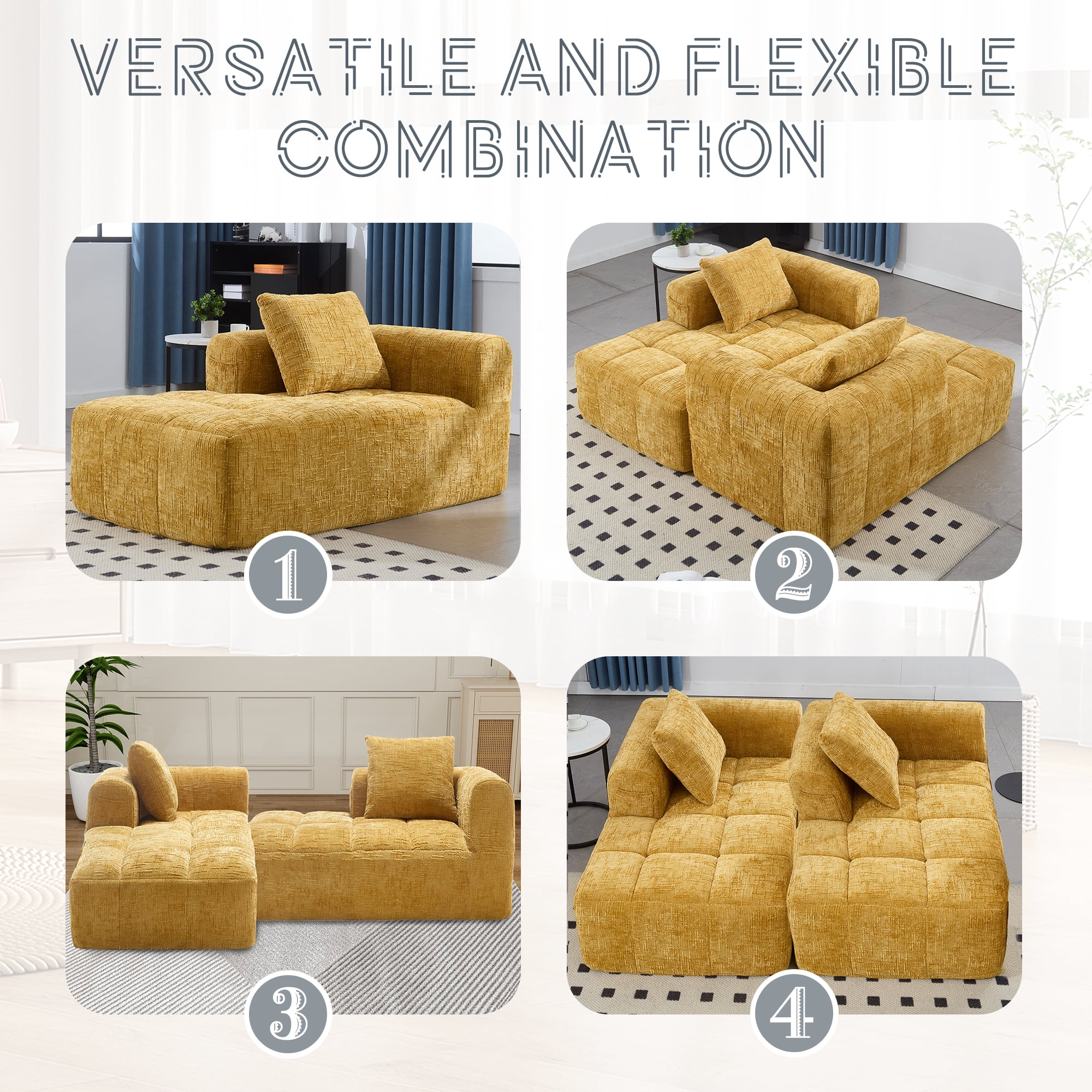MOONMISS Chenille Upholstered Modern Deep Seat Lazy Compression Sofa with Small Side Pocket-Yellow