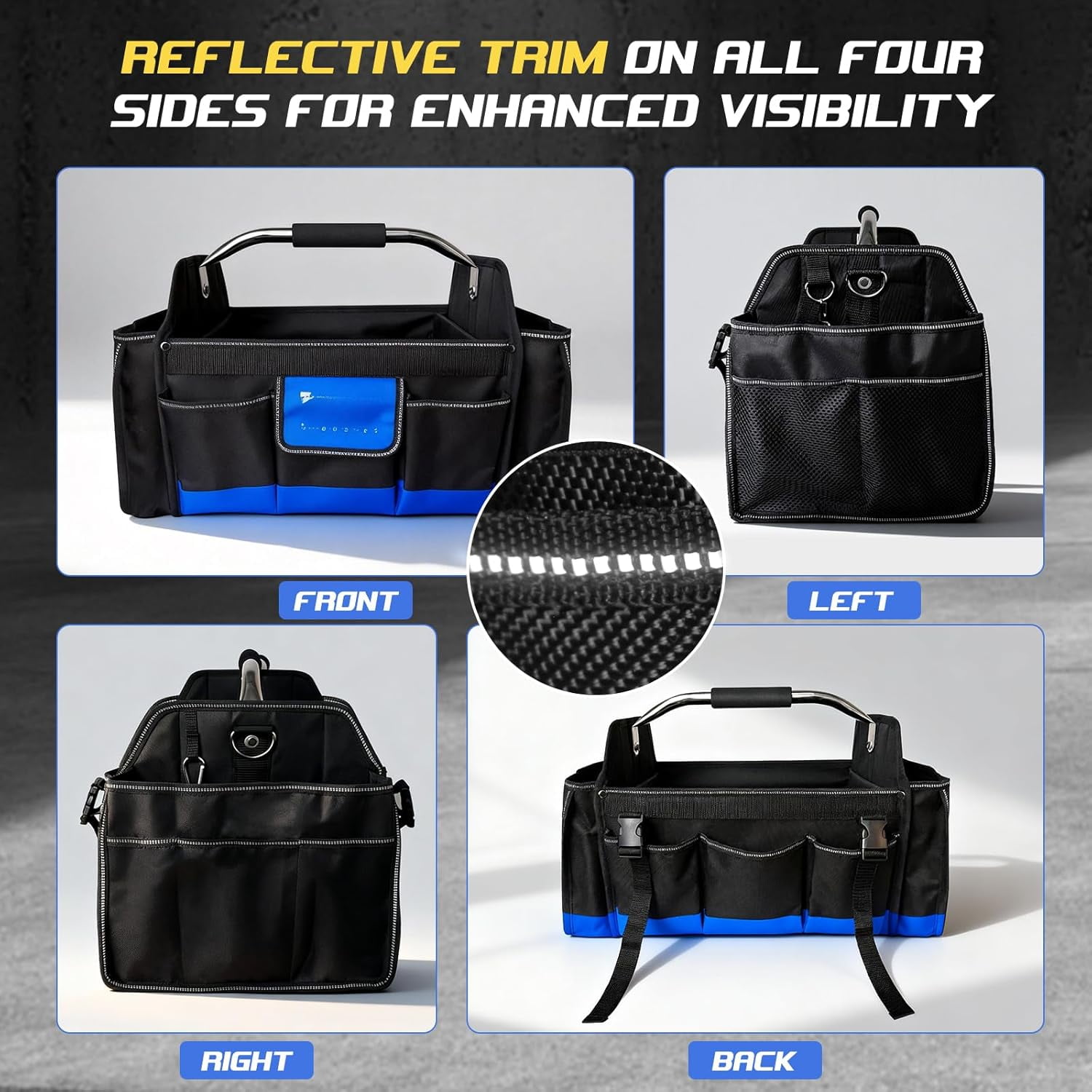 18 Inch Open Top Tool Bag, Tool Bags for Men with 30 Pockets, 1680D Waterproof Fabric, Foldable Electrician Tool Bag with Rotating Handle, Reflective Tool Organizer for Men, Blue