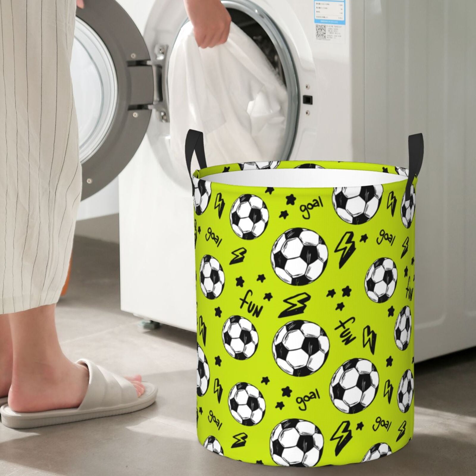 Large Laundry Basket with Handles - soccer football star lightgreen Kids Baby Dirty Clothes Laundry Hamper for Bedroom Aesthetic