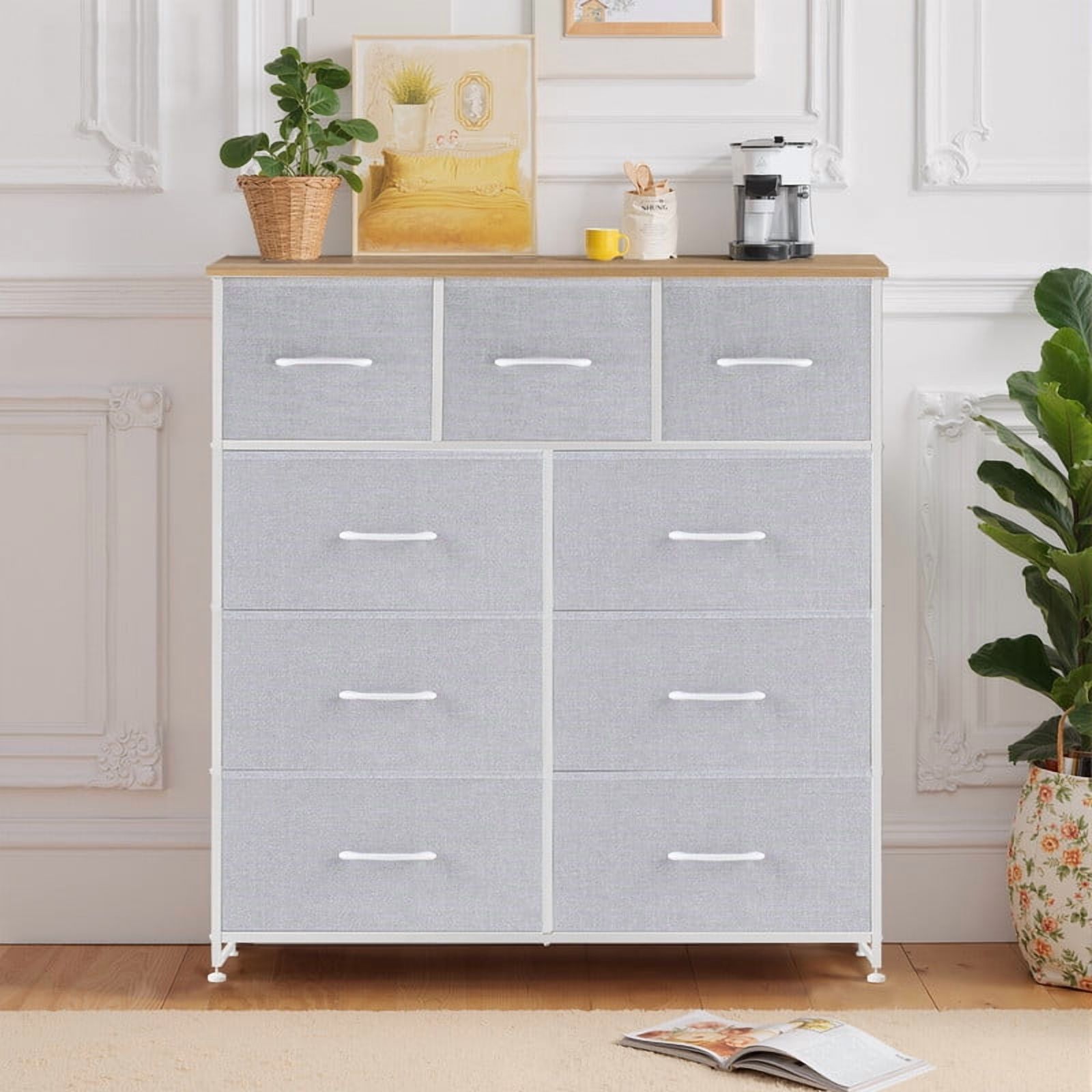 Bigleap 9 Drawers Dresser for Bedroom, Fabric Dresser with Sturdy Steel Frame, Wooden Top & Easy Pull Fabric Bins,Light Gray