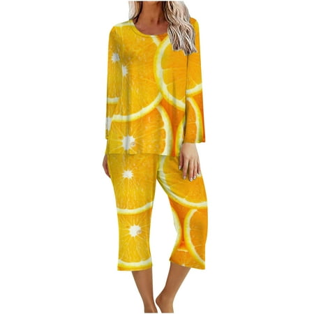 

Jalioing Matching Pajama Set for Women Wide Leg Baggy Pants Long Sleeve Shirts Solid Color Printed Soft Suits Ladies Clothes (Small Yellow)