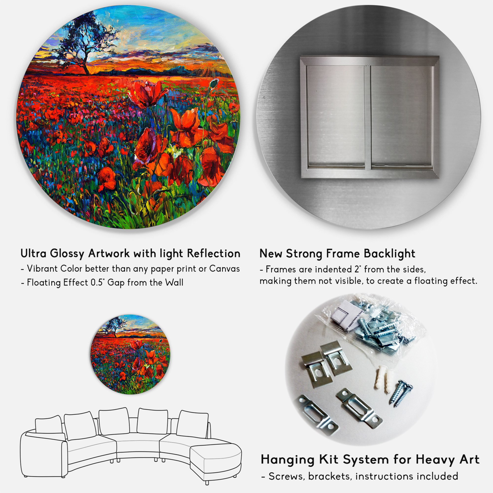 Designart 'Blossoming Red Poppy Fields With Distant Tree' Traditional Circle Metal Wall Art 23x23 - Disc of 23
