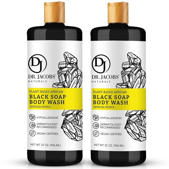 Dr Jacobs Naturals Authentic African Black Soap Body Wash All-In-One Liquid Soap for Face, Body and Hair, Sensual Monoi Scent 32 Oz. 2-Pack