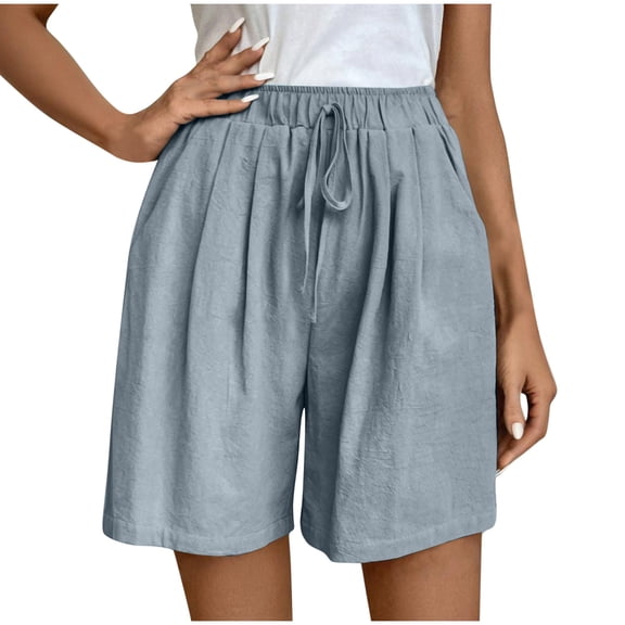 UAMVSH Bermuda Shorts for Women Soft Wide Leg Cotton Linen Long Shorts Basic Elastic Waist Drawstring Summer Casual Shorts
