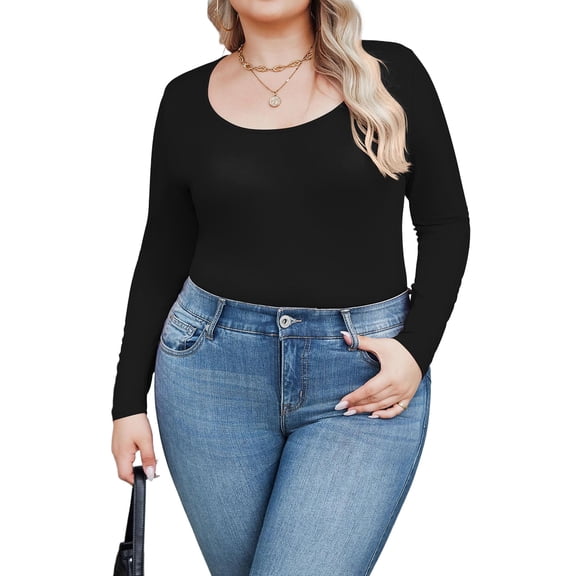 Weardear Plus Size Tops for Women Scoop Neck Long Sleeve Tight T Shirts Casual Basic Tunic Tops