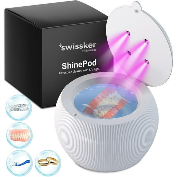 Swissklip ShinePod Ultrasonic Dental Cleaning Pod |Ultrasonic Retainer Cleaner Machine | Mouth Guard Cleaner| Night Guard Cleaner| Aligner Cleaner | Denture Cleaner - White