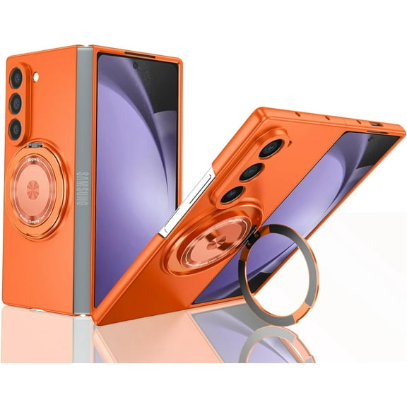 REQO Magnetic Case for Samsung Galaxy Z Fold 6, 360° Rotating Magnetic Ring Kickstand Phone Case  Slim Hard PC Protective Cover Case for Z Fold 6 5G [Compatible with MagSafe](Orange)
