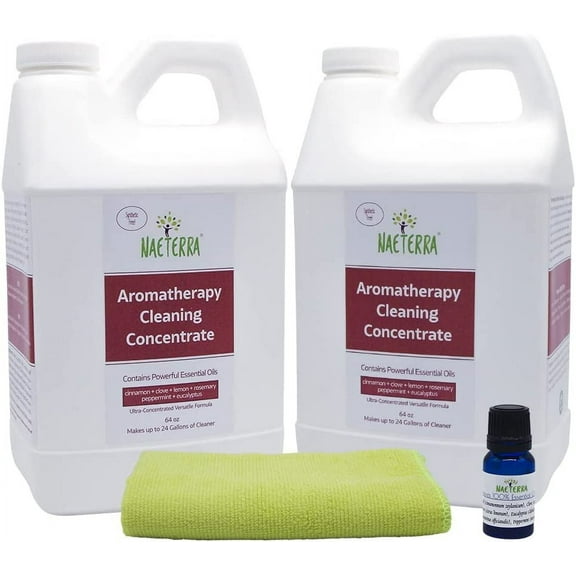 Naeterra Aromatherapy Cleaning Concentrate – 1 Gallon | Multi-Surface Cleaner | Includes Microfiber Towel & 10ML Essential Oil Blend with Clove, Cinnamon, Lemon, Rosemary, Eucalyptus & Peppermint
