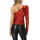 thumbnail image 3 of INSPIRAR CHIC Blusa de Mujer con Lentejuelas de Un Hombro, Manga Abullonada, para Fiesta de Cóctel, Brillante y Destellante, Color Rojo, 3 of 5
