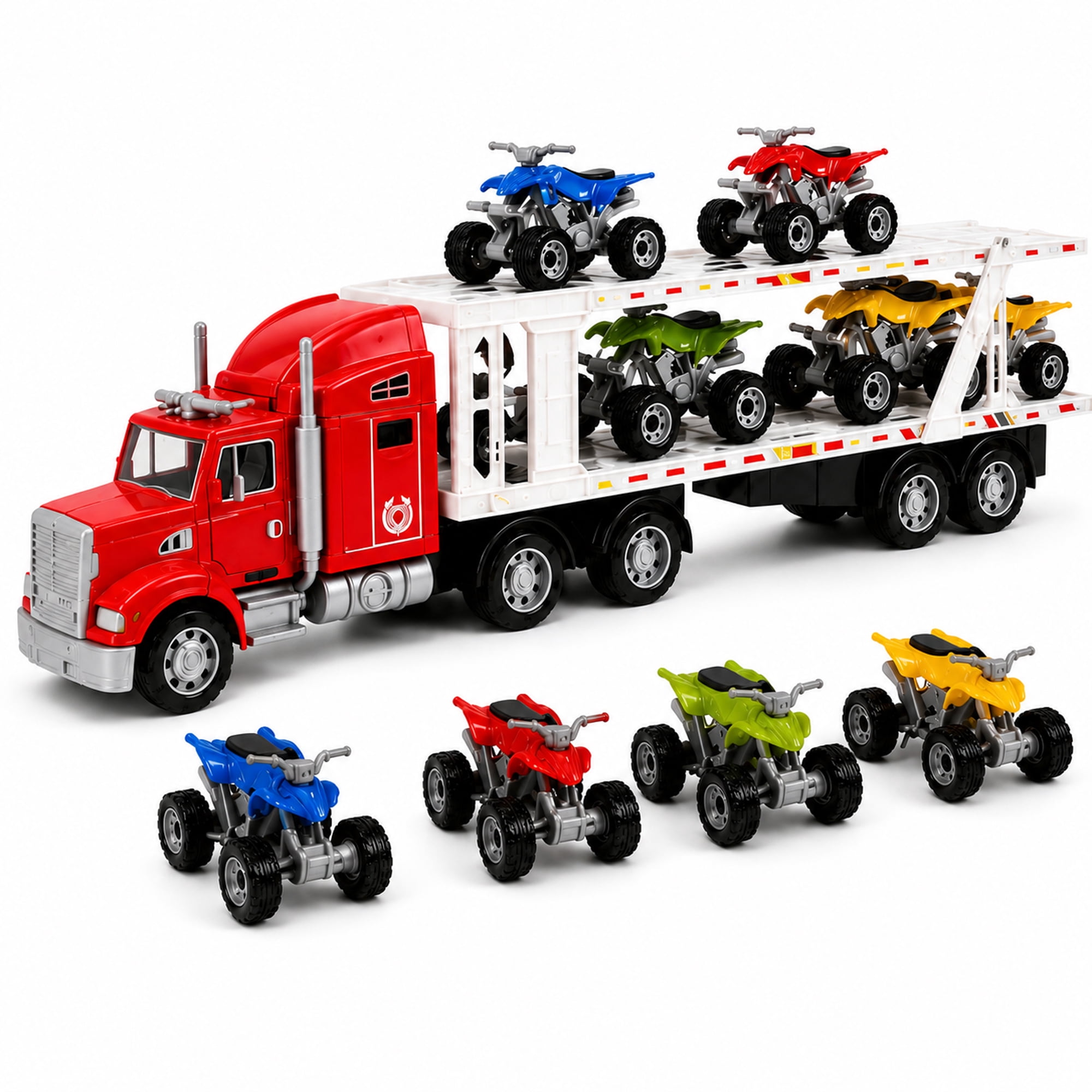 9-Piece Mini Vehicle Carrier Truck Playset, Double-Deck Toy Transport Truck with 8 Mini Vehicles, Friction Powered Semi Truck Toy, No Batteries Required, Gift for Kids Ages 3+