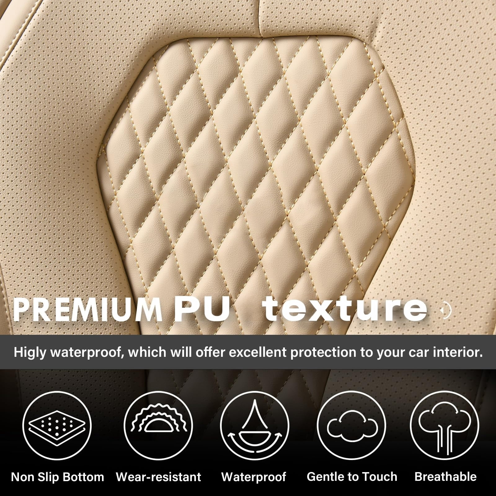 Beige Car Seat Covers for INFINITI Q50 2014-2024 Car Seat Cover , Waterproof PU Leather, 5 Piece Full Set, Non-slip, Wear Resistance, Protect and Upgrade Seats, Beautify the Interior of Old Cars