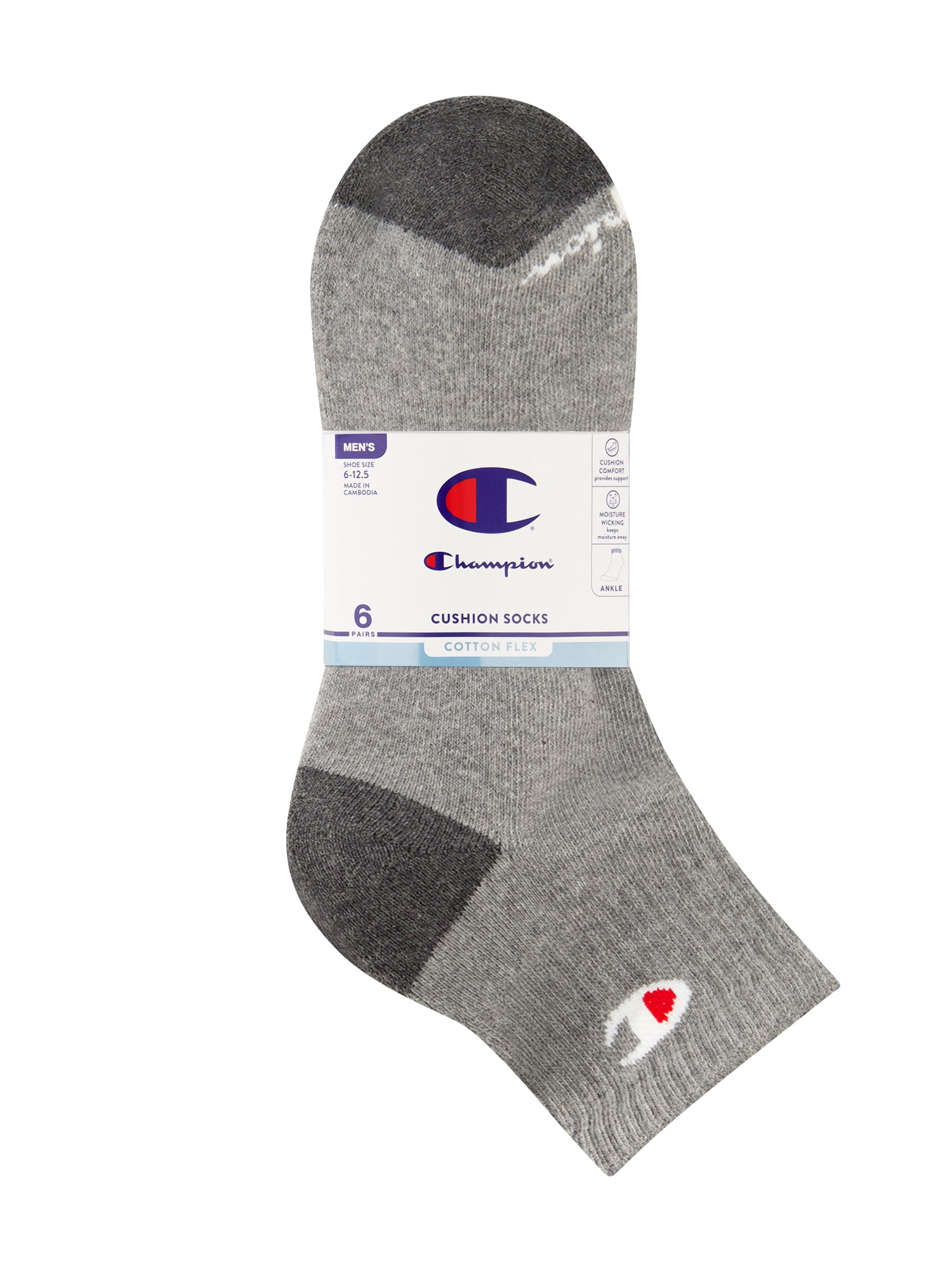 Champion Men’s Ankle Socks 6 Pack – Half Terry Cushion, Moisture-Wicking, Arch Support, Stretch Comfort, Sizes 6–12.5
