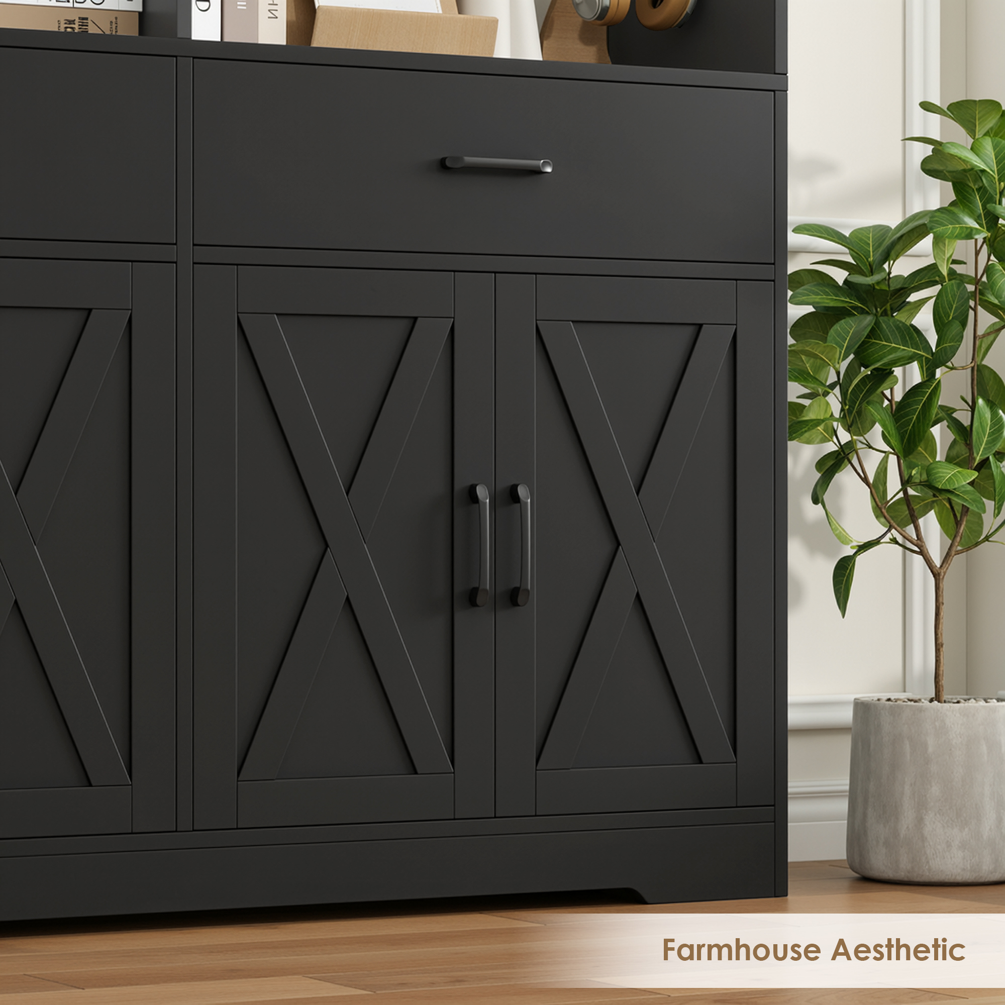 Hiphuta 78" Tall Double Row Bookcase with 2 Drawers, Farmhouse Large Bookshelf with Cabinet, Storage Bookcase with Doors for Office Living Room, Black