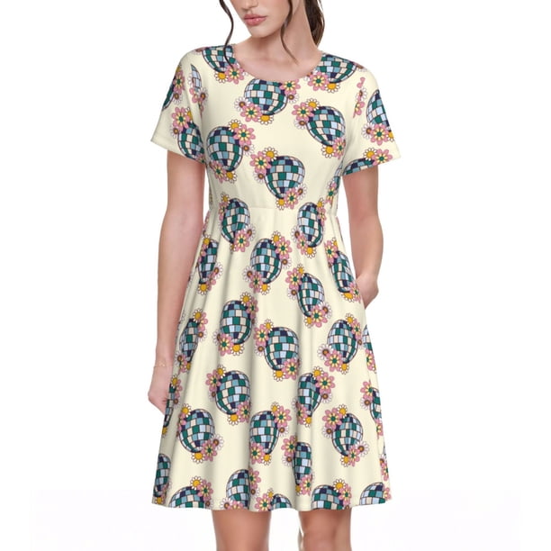 Disketp 70s Disco Ball para Vestido de Manga Corta para Mujeres, Vestidos de Verano para Mujeres, Casual y Holgado para la Playa