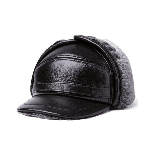 Gorro de piel de vaca 100% auténtica para hombre, gorro de invierno cálido para exteriores con protección para las orejas, gorro de cuero genuino para invierno con forro cálido (marrón oscuro) XL {57-