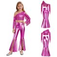 thumbnail image 2 of iiniim Girls Sparkly Dance Outfits Sequin Crop Top and Metallic Flare Pants Kids Hip Hop Disco Hot Pink 10, 2 of 7